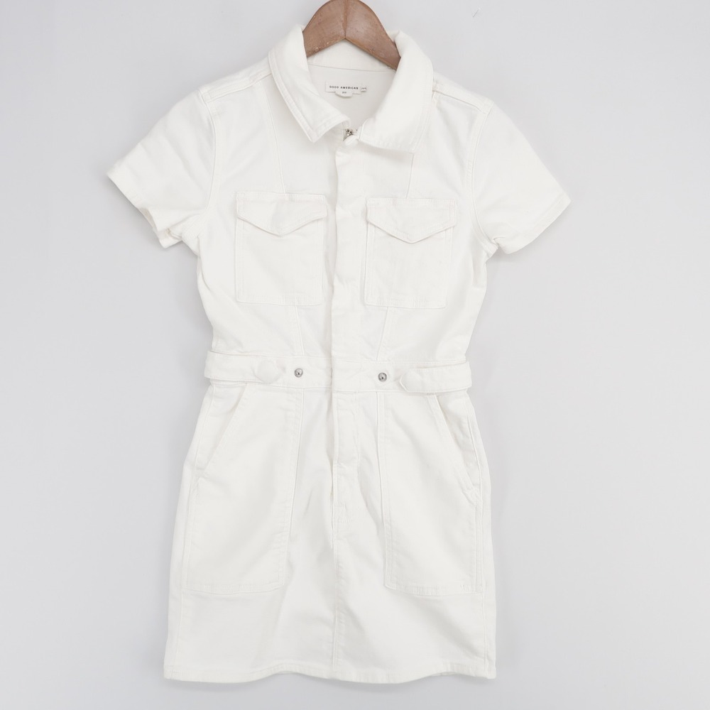 Good American Fit For Success Dress Womens XS White Mini Short Sleeve Zip Up